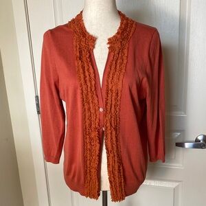 Talbots Women's Coral Orange Ruffle Trim Silk Blend Cardigan